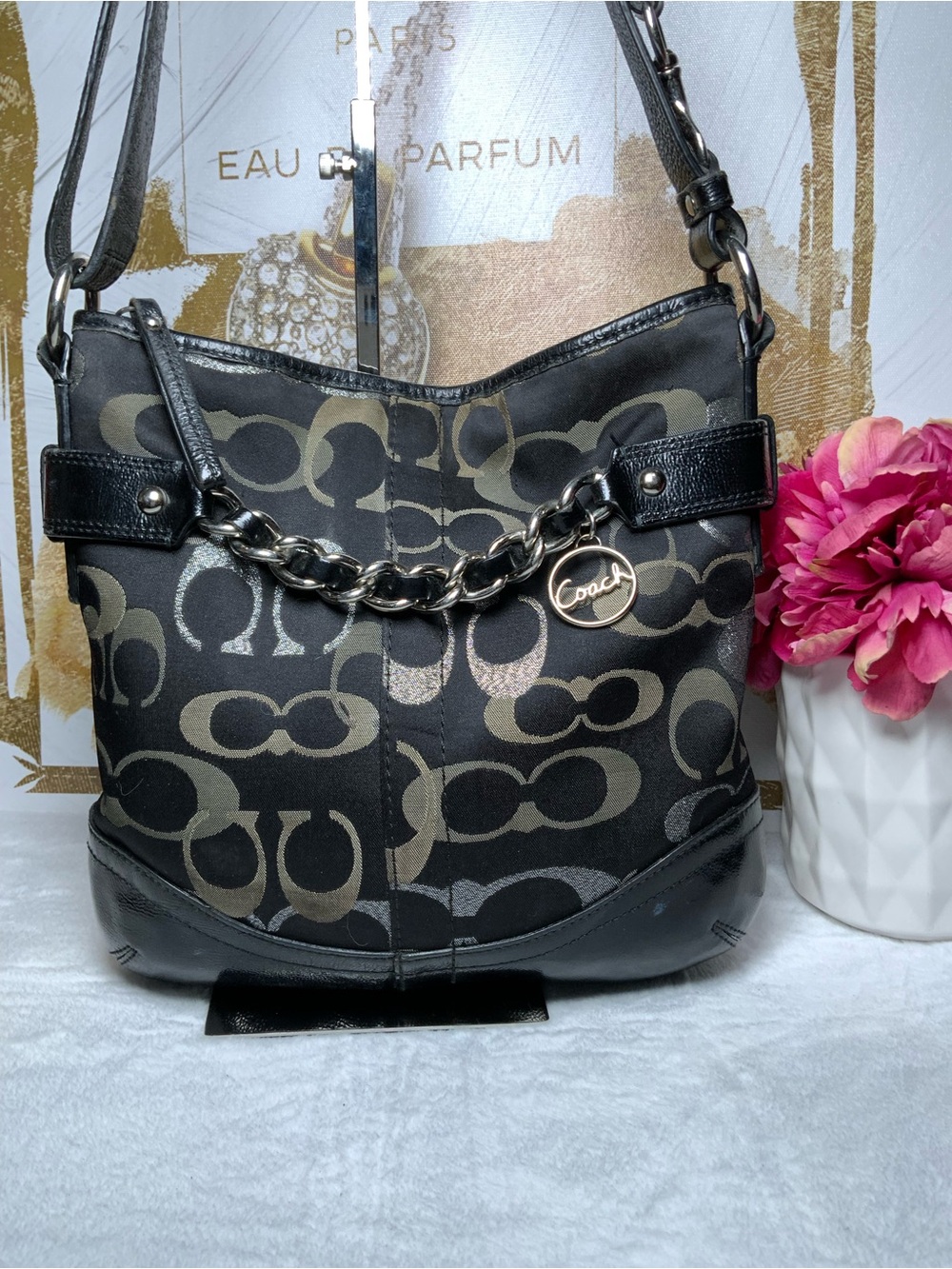 Coach Black and Khaki Signature Chain-Accent Shoulder Bag